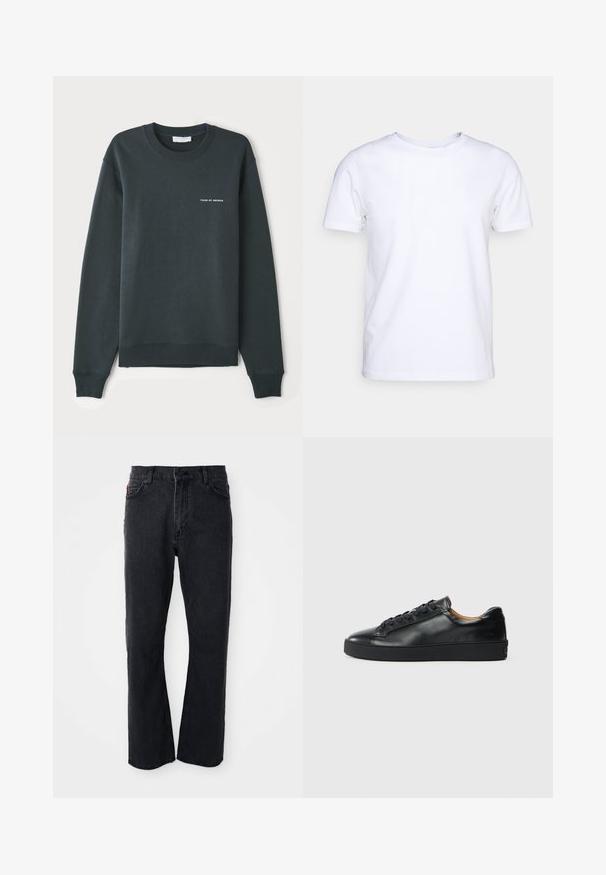Mørkegrøn sweatshirt med rund hals, lange ærmer, ribbede manchetter og kant, med et hvidt tekstlogo "TIGER OF SWEDEN" på brystet.; Hvid kortærmet t-shirt i bomuldsstof med rund halsudskæring. Enkel design uden mønstre eller detaljer. Glat tekstur.; Sorte denim jeans med lige ben-design, høj talje, knaplukning og subtile syninger langs lommerne og sømmene.; Sorte lædersneakers med en glat overflade, rund tå og snørebåndslukning. Har en tyk gummisål og minimal branddetalje.