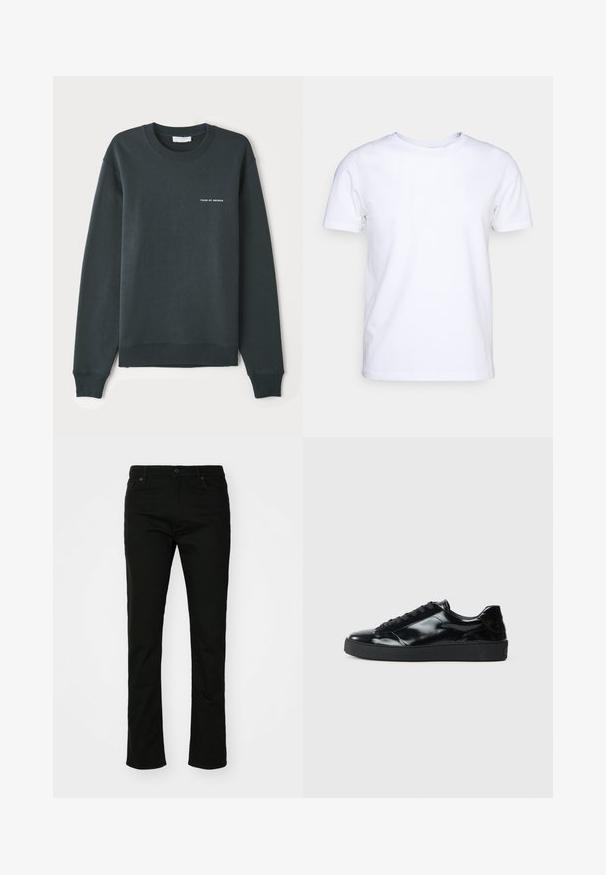 Donkergroene sweatshirt, met een ronde hals, lange mouwen, ribgebreide manchetten en onderrand, met een witte tekstlogo "TIGER OF SWEDEN" op de borst.; Witte katoenen t-shirt met korte mouwen en een ronde hals. Eenvoudig ontwerp zonder patronen of accenten. Glad textuur.; Zwarte denim jeans met een rechte pijpdesign, vijf-pocket styling en een knoopsluiting. Soepele textuur met subtiele stikdetails.; Zwarte gepatenteerde leren sneakers met een ronde neus, vetersluiting, een gestructureerde rubberen zool en een glanzende afwerking.