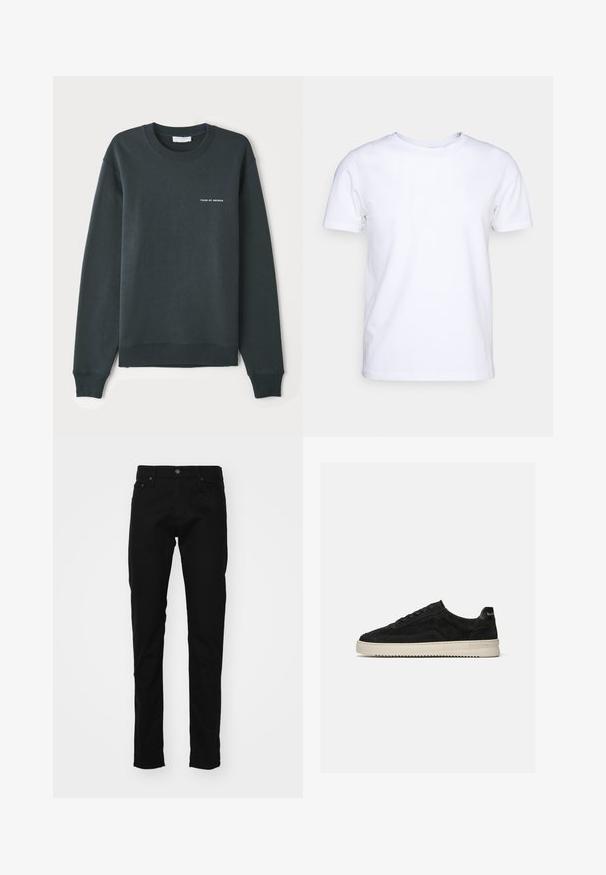 Sweatshirt vert foncé, à col rond, manches longues, bords-côtes aux poignets et à l'ourlet, arborant un logo en texte blanc "TIGER OF SWEDEN" sur la poitrine.; T-shirt blanc à manches courtes en tissu de coton avec un col rond. Design simple sans motifs ni accents. Texture lisse.; Jeans en denim noir à coupe slim, avec un design classique à cinq poches, un bouton en métal et des détails de couture sur les poches.; Baskets basses en daim noir avec lacets noirs et semelle blanche en caoutchouc, vue latérale sur fond gris clair uni.