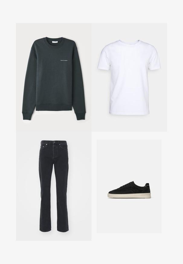 Sweatshirt vert foncé, à col rond, manches longues, bords-côtes aux poignets et à l'ourlet, arborant un logo en texte blanc "TIGER OF SWEDEN" sur la poitrine.; T-shirt blanc à manches courtes en tissu de coton avec un col rond. Design simple sans motifs ni accents. Texture lisse.; Jeans en denim noir avec une coupe droite, comportant cinq poches et une fermeture à bouton. Le tissu a une texture subtile et une finition robuste.; Baskets basses en daim noir avec lacets noirs et semelle blanche en caoutchouc, vue latérale sur fond gris clair uni.