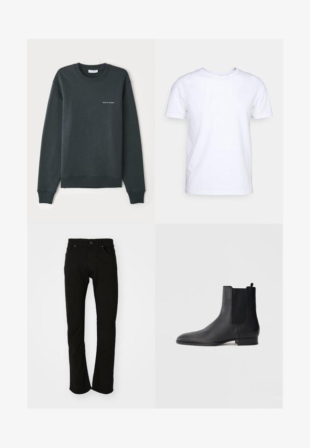 Mørkegrøn sweatshirt med rund hals, lange ærmer, ribbede manchetter og kant, med et hvidt tekstlogo "TIGER OF SWEDEN" på brystet.; Hvid kortærmet t-shirt i bomuldsstof med rund halsudskæring. Enkel design uden mønstre eller detaljer. Glat tekstur.; Sorte denim jeans med lige ben, der har et klassisk taljebånd, for- og baglommer samt en glat tekstur. Ingen synlige mønstre eller detaljer.; Sort læder Chelsea-støvle med elastiske sidepaneler og lav stakket hæl, vist i profil på en enkel lys baggrund.