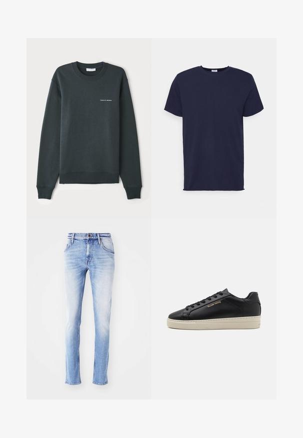 Sudadera verde oscuro, con cuello redondo, mangas largas, puños y dobladillo acanalados, que presenta un logo de texto blanco "TIGER OF SWEDEN" en el pecho.; Camiseta de manga corta azul marino hecha de tela suave. Presenta un cuello redondo y un corte recto sin patrones ni acentos.; Jeans de mezclilla azul claro con un acabado desgastado, corte recto, cinco bolsillos, pasadores para cinturón y cierre de botón único en la cintura.; Zapatilla de cuero negra con un acabado suave, suela crema en contraste, puntera redonda, logo dorado en el lateral y seis ojales para los cordones.