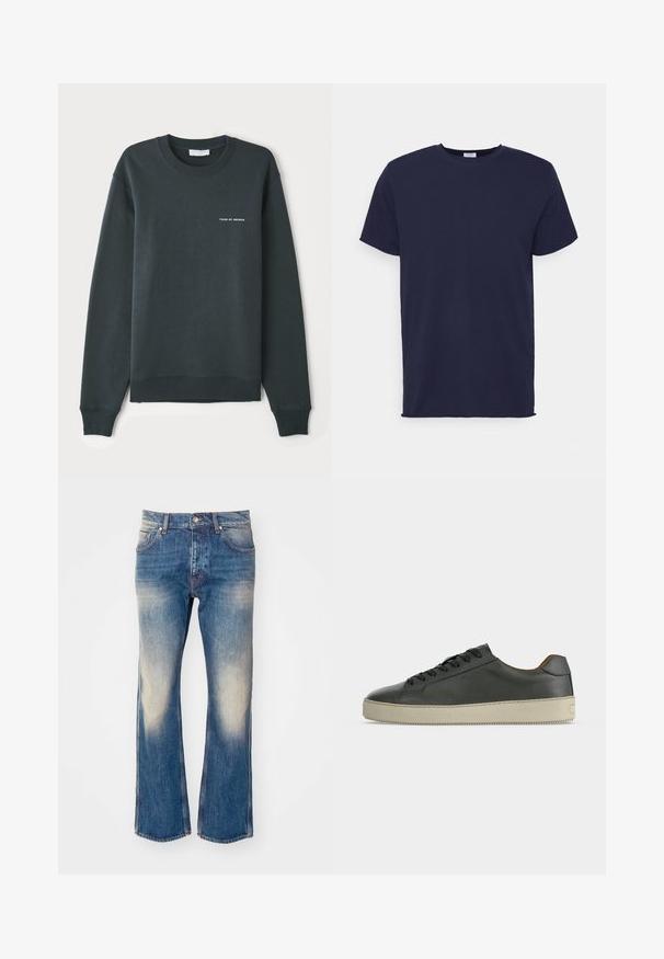 Mørkegrøn sweatshirt med rund hals, lange ærmer, ribbede manchetter og kant, med et hvidt tekstlogo "TIGER OF SWEDEN" på brystet.; Marineblå kortærmet t-shirt lavet af blødt stof. Har rund halsudskæring og en lige pasform uden mønstre eller accenter.; Lys blå denim flared jeans med falmning på lårene, fem lommer, metalknaplukning og kontrasterende sømdetaljer.; Lav top sort lædersneaker med sorte snørebånd og off-white gummisål, set fra den ydre side på hvid baggrund.