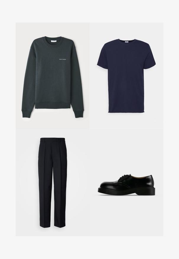 Sweatshirt vert foncé, à col rond, manches longues, bords-côtes aux poignets et à l'ourlet, arborant un logo en texte blanc "TIGER OF SWEDEN" sur la poitrine.; T-shirt bleu marine à manches courtes fabriqué en tissu doux. Présente un col rond et une coupe droite sans motifs ni accents.; Pantalons plissés noirs en tissu lisse, avec une coupe droite et une taille standard avec passants de ceinture.; Chaussure de ville noire en cuir poli à lacets, avec une semelle épaisse, un bout arrondi et un petit talon, montrée de profil sur un fond uni.