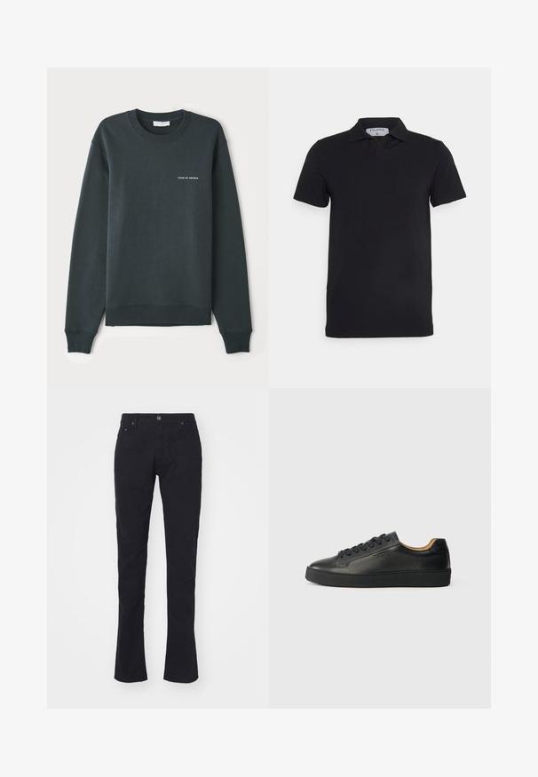 Sweatshirt vert foncé, à col rond, manches longues, bords-côtes aux poignets et à l'ourlet, arborant un logo en texte blanc "TIGER OF SWEDEN" sur la poitrine.; Polo noir à manches courtes avec un col classique, fabriqué en tissu lisse. Présente une étiquette avec le nom de la marque 'Filippa K' au niveau de l'encolure.; Pantalon noir en coton à coupe droite, avec fermeture à bouton, deux poches avant et une texture lisse. Sans motifs ni accents.; Baskets basses en cuir noir avec surface texturée, lacets noirs et semelle en caoutchouc épaisse, présentées de côté sur un fond clair.