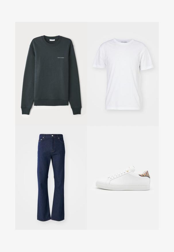 Sweatshirt vert foncé, à col rond, manches longues, bords-côtes aux poignets et à l'ourlet, arborant un logo en texte blanc "TIGER OF SWEDEN" sur la poitrine.; T-shirt en coton blanc avec un col rond, des manches courtes et une coupe droite. Sans motifs ni embellissements, texture lisse et design sobre.; Jeans évasés de couleur bleu foncé en denim. Comprend cinq poches, une fermeture éclair à l'avant et un bouton métallique. Accents de couture classique.; Baskets en cuir blanc avec une finition lisse, présentant un accent rayé coloré au niveau du talon, des œillets dorés et une semelle blanche plate.