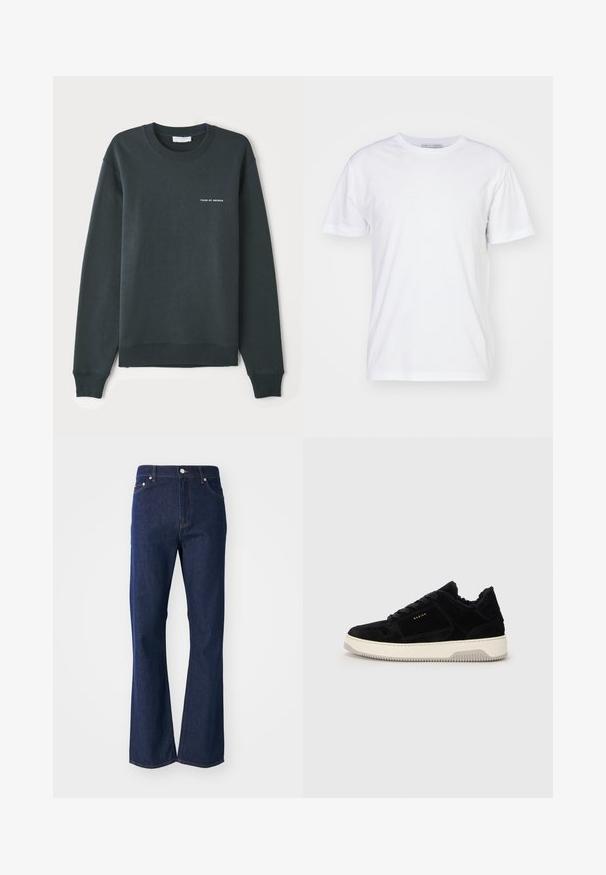 Sudadera verde oscuro, con cuello redondo, mangas largas, puños y dobladillo acanalados, que presenta un logo de texto blanco "TIGER OF SWEDEN" en el pecho.; Camiseta de algodón blanca con escote redondo, mangas cortas y corte recto. Sin patrones ni adornos, textura suave y diseño sencillo.; Jeans acampanados de color azul oscuro fabricados en denim. Presentan cinco bolsillos, un cierre frontal con cremallera y un botón metálico. Acentos de costura clásica.; Zapatilla de ante negra con suela de goma crema, cordones planos y forro interior suave. Presenta un branding mínimo en dorado.
