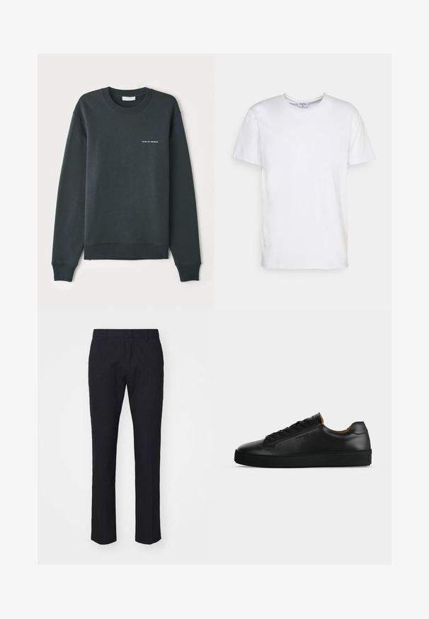 Sudadera verde oscuro, con cuello redondo, mangas largas, puños y dobladillo acanalados, que presenta un logo de texto blanco "TIGER OF SWEDEN" en el pecho.; Camiseta blanca de manga corta hecha de algodón. Presenta un escote redondo y un corte holgado, sin patrones ni acentos visibles.; Pantalones navy con un corte entallado, hechos de una tela suave. Cuentan con un frente plano, trabillas para un cinturón y piernas rectas con un dobladillo limpio.; Zapatilla negra de piel de corte bajo con cordones negros, suela de goma texturizada y pequeño logo en relieve en el lateral, mostrada de perfil sobre fondo gris.