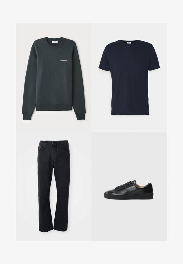 Sweatshirt vert foncé, à col rond, manches longues, bords-côtes aux poignets et à l'ourlet, arborant un logo en texte blanc "TIGER OF SWEDEN" sur la poitrine.; T-shirt en coton bleu marine avec un col rond et des manches courtes, présentant une texture lisse et un design simple, sans motifs ni accents visibles.; Jean en denim noir avec une coupe droite, taille haute, fermeture par bouton, et des détails de couture subtils le long des poches et des coutures.; Baskets en cuir noir avec une texture lisse, bout rond et fermeture à lacets. Comprend une semelle en caoutchouc épaisse et un minimum de détails de marque.
