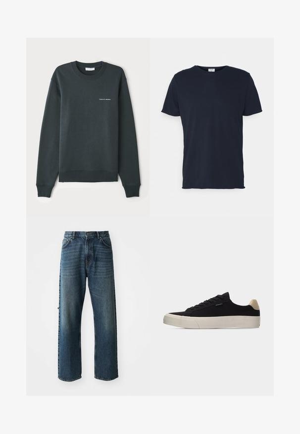 Donkergroene sweatshirt, met een ronde hals, lange mouwen, ribgebreide manchetten en onderrand, met een witte tekstlogo "TIGER OF SWEDEN" op de borst.; Navyblauwe katoenen t-shirt met ronde hals en korte mouwen, met een gladde textuur en eenvoudig ontwerp, zonder zichtbare patronen of accenten.; NN.07 OTIS - Straight leg jeans - stonewashed; Zwarte lage sneaker met beige hielstuk, dikke witte rubberen zool, zwarte veters en een klein "PS Paul Smith" label aan de zijkant.