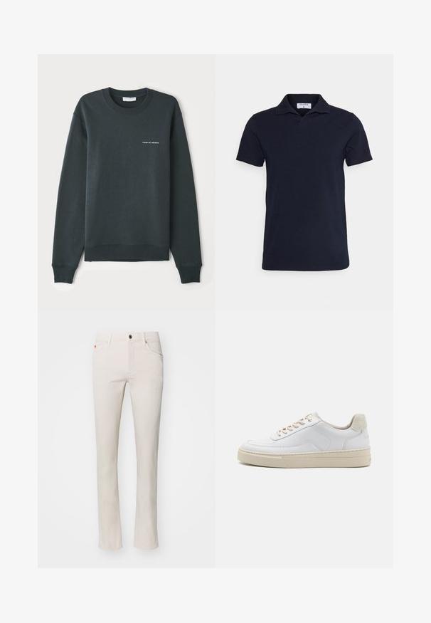 Sudadera verde oscuro, con cuello redondo, mangas largas, puños y dobladillo acanalados, que presenta un logo de texto blanco "TIGER OF SWEDEN" en el pecho.; Polo de color azul marino hecho de algodón, con un cuello clásico y mangas cortas. Diseño simple con una textura suave.; Jeans rectos beige hechos de una mezcla de algodón. Presentan un diseño tradicional de cinco bolsillos y cierre de botón de metal en la cintura.; Zapatilla blanca con parte superior de cuero suave, cordones beige y un tirador de talón de ante beige texturizado. Suela elevada para mayor altura.