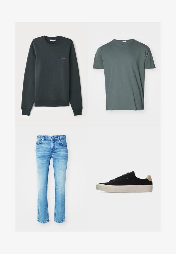 Sudadera verde oscuro, con cuello redondo, mangas largas, puños y dobladillo acanalados, que presenta un logo de texto blanco "TIGER OF SWEDEN" en el pecho.; Camiseta de cuello redondo verde oscuro, de manga corta, fabricada en un tejido suave, con un corte relajado, textura lisa, sin patrones ni acentos visibles.; Vaqueros de mezclilla azul con un lavado desvaído, diseño de pierna recta y dobladillo sin terminar. Presenta un estilo de cinco bolsillos y detalles de botones metálicos.; Zapatilla negra de corte bajo con pestaña de talón beige, suela gruesa de goma blanca, cordones negros y pequeña etiqueta "PS Paul Smith" en el lateral.