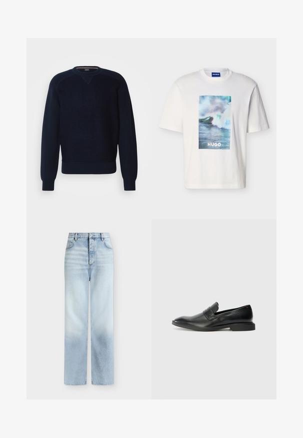 Pull en tricot marine foncé avec un col rond, des poignets côtelés et des détails de panneaux d'épaules. Texture douce avec un motif uni et un ourlet élastique.; T-shirt blanc à manches courtes avec un motif de vague océanique en bleu, vert et blanc et le texte "HUGO" centré à l'avant.; Jeans bleu clair taille haute à jambes droites, avec poches avant, passants de ceinture et fermeture par bouton.; Mocassins en cuir noir avec une texture lisse, un nez pointu et un petit talon rectangulaire. Présente un détail de bande horizontale sur le dessus.