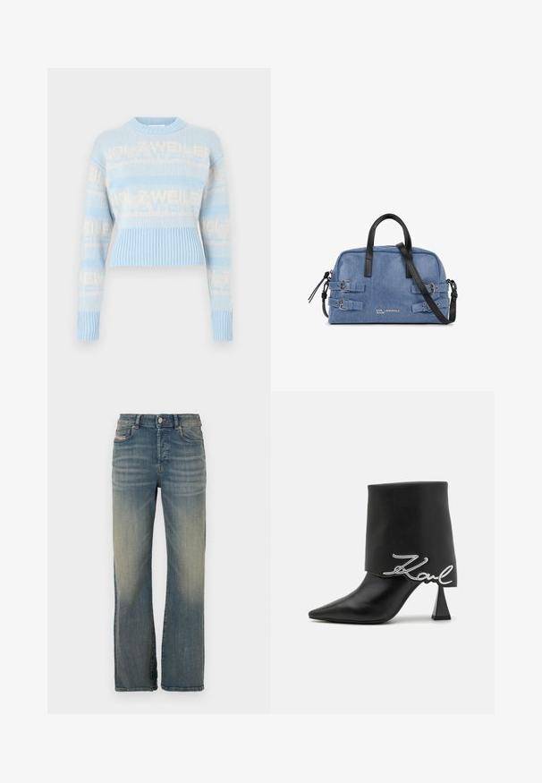 Gehaakte trui in lichtblauw met crème logo tekst. Voorzien van geribbelde zoom en manchetten, lange mouwen en een ronde hals. Kort model.; Lichtblauwe denim jeans met een rechte pijp. Voorzien van een knoopsluiting, voorzakken en lichte vervaging langs de dijen.; Zwarte leren enkellaarzen met een puntige neus, hoge blokhak en een opgevouwen bovenkant met een zilveren "Zaul" logo detail.; Denim handtas met zwarte leren accenten, voorzien van twee zijbanden, ronde handvatten en een verstelbare schouderriem. Zilveren logodetail.