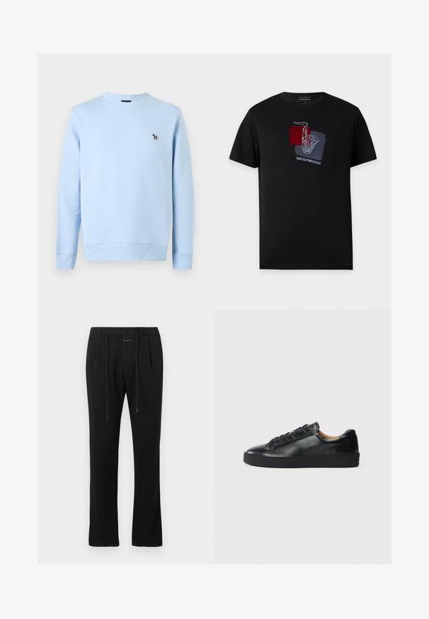 Sweat-shirt bleu clair col rond à manches longues avec un petit logo zèbre multicolore sur la poitrine gauche.; T-shirt noir à manches courtes avec un croquis blanc de saxophone sur des carrés rouges et bleus et le logo Emporio Armani sous le motif.; Pantalon noir à jambes droites avec plis à l'avant, fermeture par bouton et zip, et cordon de serrage à la taille.; Baskets en cuir noir avec une texture lisse, bout rond et fermeture à lacets. Comprend une semelle en caoutchouc épaisse et un minimum de détails de marque.