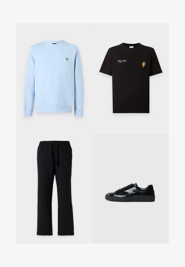Sweat-shirt bleu clair col rond à manches longues avec un petit logo zèbre multicolore sur la poitrine gauche.; T-shirt noir à col rond avec texte blanc "Filling Pieces 'Baking Bread'" sur la poitrine gauche et petits piments jaunes et verts brodés sur la poitrine droite.; Pantalon de jogging noir à coupe droite avec taille élastique et cordons noirs, présenté sur un fond gris clair uni.; Baskets en cuir verni noir avec un bout arrondi, un laçage, une semelle en caoutchouc texturé et une finition lisse.