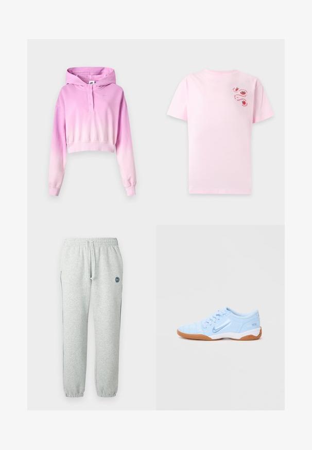 Rozā krāsojumā ar baltu pāreju nogrieztas sporta krekls ar garām piedurknēm, pogas, Nike logotipu un piestiprinātu kapuci.; Gaiši rozā īsām piedurknēm krekls ar maziem sarkaniem tomātu grafiskajiem attēliem un apļa tekstu augšējā kreisajā krūšu zonā.; Pelēkas sporta bikses no mīksta auduma ar elastīgu jostu un auklu, pieguļošiem aprocēm un logotipa detaļu augšstilbā.; Gaiši zils sporta apavi ar gludu sintētisko augšdaļu, teksturētām akcentiem un gumijas zoli. Sānos ir redzams logotips.