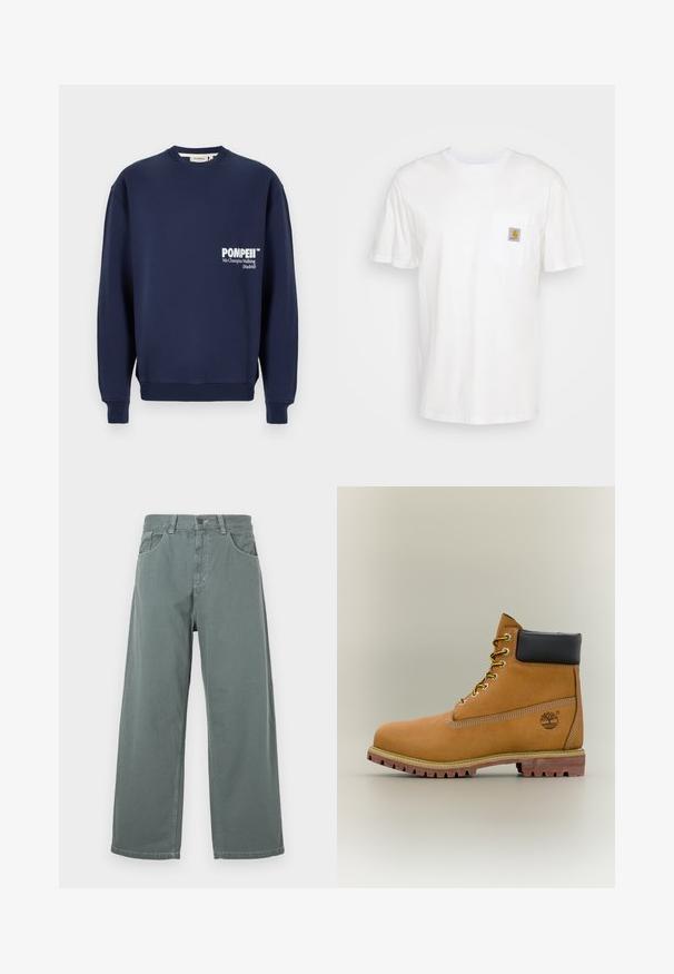 Marineblaues Sweatshirt aus weicher Baumwolle, mit Rundhalsausschnitt, gerippten Bündchen und einer Tasche auf der Vorderseite mit weißem Drucktext.; Weißes Baumwoll-T-Shirt mit kurzen Ärmeln, einer Brusttasche und einem kleinen quadratischen Logopatch in Orange und Weiß auf der Tasche.; Weite Hosen aus muted grünem Baumwollstoff mit einem klassischen Bund, Gürtelschlaufen, vorderen Taschen und kontrastierenden Nähdetails.; Brauner Leder-Stiefelette mit schwarzem Kragen, gelben Schnürsenkeln und hellbrauner Sohle. Verfügt über ein Logo und weiße Ziernähe. Robuste Profilsohle.