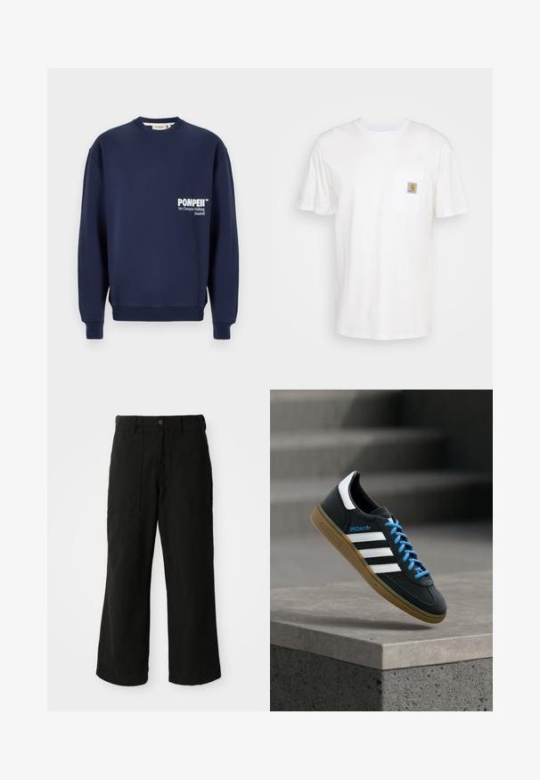 Námornícky modrý sveter vyrobený z jemnej bavlny, s okrúhlym výstrihom, ribbed manžetami a prednou vreckom s bielym potlačeným textom.; Biele bavlnené tričko s krátkymi rukávmi, vreckom na hrudi a malou štvorcovou nášivkou v oranžovej a bielej farbe na vrecku.; Čierne nohavice s širokými nohavicami vyrobené z mäkkej látky, s prednými vreckami a zapínaním na gombík v páse. Minimalistický dizajn bez viditeľných vzorov.; Čierna teniska Adidas s bielymi pruhmi, modrými šnúrkami a gumovou podrážkou, ktorá sa vznáša nad sivým betónovým schodom v mäkkom svetle.