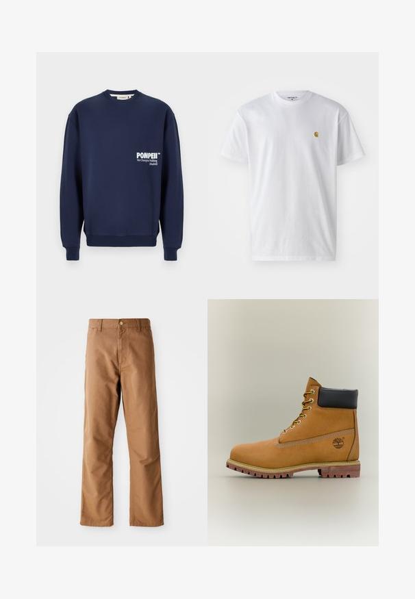 Marineblaues Sweatshirt aus weicher Baumwolle, mit Rundhalsausschnitt, gerippten Bündchen und einer Tasche auf der Vorderseite mit weißem Drucktext.; Weißes Baumwoll-T-Shirt mit kurzen Ärmeln, Rundhalsausschnitt, mit einem kleinen goldenen Logo im linken Brustbereich. Weicher Stoff und normale Passform.; Braune gerade geschnittene Hosen mit Gürtelschlaufen, Vordertaschen, Knopfverschluss und Reißverschluss vor einem weißen Hintergrund.; Brauner Leder-Stiefelette mit schwarzem Kragen, gelben Schnürsenkeln und hellbrauner Sohle. Verfügt über ein Logo und weiße Ziernähe. Robuste Profilsohle.