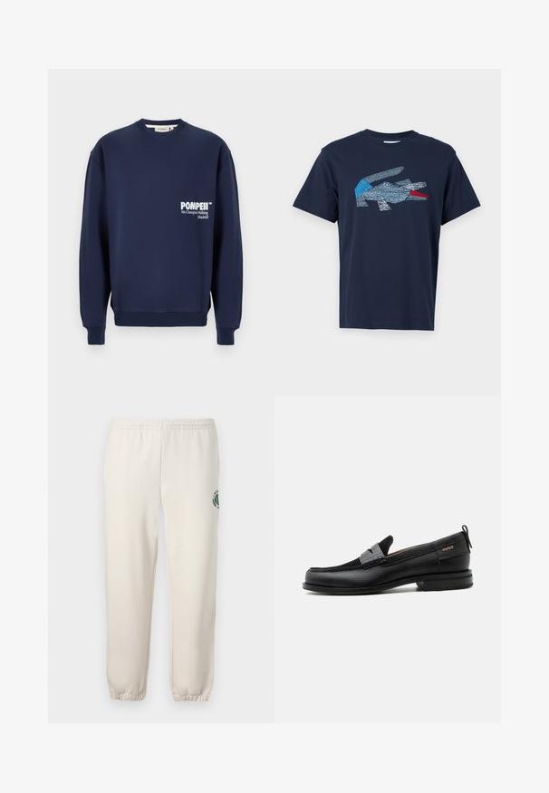 Marineblaues Sweatshirt aus weicher Baumwolle, mit Rundhalsausschnitt, gerippten Bündchen und einer Tasche auf der Vorderseite mit weißem Drucktext.; Lacoste T-Shirt print - dark blue; Helle beige Sweatpants aus Baumwolle mit einem elastischen Bund, gerippten Bündchen und einem grünen Logo mit Blattdesign am linken Bein.; Schwarzer Lederloafer mit grauem Riemendetail, niedrigem Absatz und strukturierter Sohle, seitlich mit „HUGO“ in Gold gebrandmarkt.