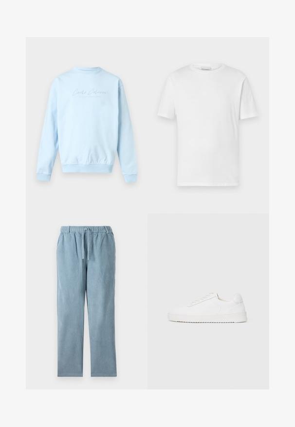 Sweat-shirt bleu clair à col rond, manches longues avec le texte "Carlo Colucci" subtilement brodé sur la poitrine.; T-shirt blanc à manches courtes en coton. Présente un col rond et un ourlet droit. Sans motifs ni embellissements. Design simple.; Pantalons en velours côtelé bleu clair avec un waistband élastique, un cordon de serrage, une coupe droite et une texture côtelée. Pas de poches visibles.; Sneaker blanc avec une tige en cuir lisse, bout rond, lacets, accents latéraux texturés et une épaisse semelle en caoutchouc. Design minimaliste.