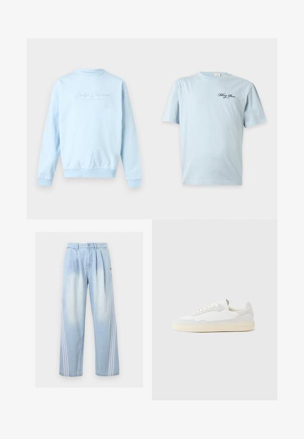Sweat-shirt bleu clair à col rond, manches longues avec le texte "Carlo Colucci" subtilement brodé sur la poitrine.; T-shirt bleu clair à manches courtes avec petit texte noir en cursive "Filling Pieces of Cinema" sur la partie gauche de la poitrine.; Pantalon en denim bleu clair avec bandes blanches sur les côtés, devant plissé, taille boutonnée et coupe droite.; Baskets blanches avec dessus en daim et cuir texturé. Caractérisées par un bout arrondi, une fermeture à lacets et une semelle en caoutchouc beige contrastante.