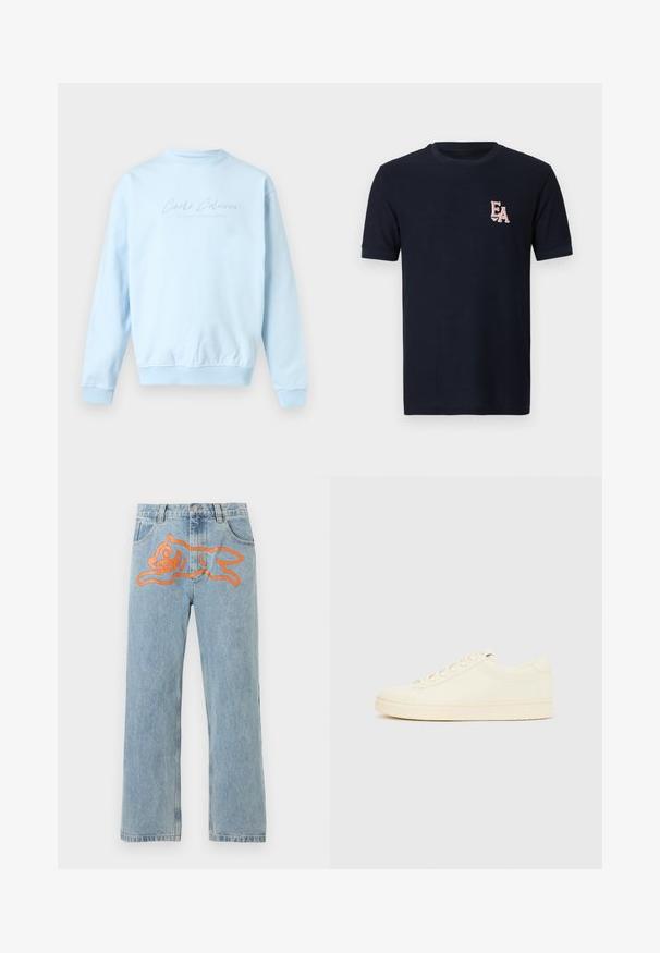 Sweat-shirt bleu clair à col rond, manches longues avec le texte "Carlo Colucci" subtilement brodé sur la poitrine.; T-shirt bleu marine à manches courtes en tissu côtelé, avec un logo "EA" rose brodé sur le côté gauche de la poitrine. Col rond classique.; Jean en denim bleu clair avec un grand motif orange représentant un chien ludique de style cartoon sur le devant, au niveau de la taille.; Baskets couleur crème avec une tige en cuir lisse, bout arrondi, laçage à l'avant et semelle en caoutchouc texturée. Design minimaliste, sans logo.