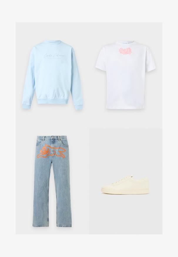 Sweat-shirt bleu clair à col rond, manches longues avec le texte "Carlo Colucci" subtilement brodé sur la poitrine.; T-shirt blanc à manches courtes avec texte rose déformé "GOSWEAR" centré près de l'encolure sur un fond uni.; Jean en denim bleu clair avec un grand motif orange représentant un chien ludique de style cartoon sur le devant, au niveau de la taille.; Baskets couleur crème avec une tige en cuir lisse, bout arrondi, laçage à l'avant et semelle en caoutchouc texturée. Design minimaliste, sans logo.