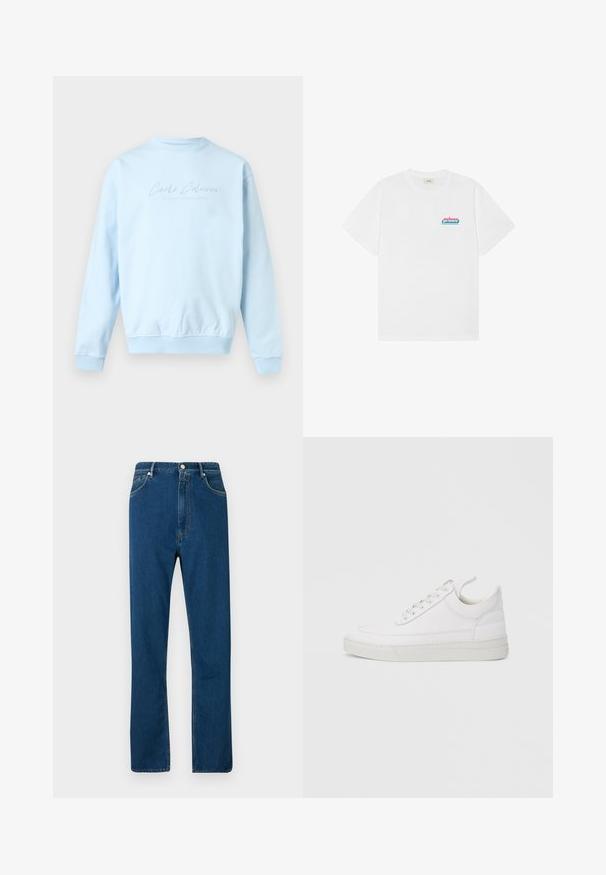 Sweat-shirt bleu clair à col rond, manches longues avec le texte "Carlo Colucci" subtilement brodé sur la poitrine.; T-shirt blanc à manches courtes et col rond avec un petit logo "prince" rose et bleu sur la partie supérieure gauche de la poitrine.; Jean en denim bleu avec une taille haute, une coupe droite, un style à cinq poches et des coutures orange contrastées. Texture lisse.; Baskets en cuir blanc avec un embout arrondi, une semelle plate et un laçage à l'avant. Présentent des détails de couture et un col rembourré pour plus de confort.