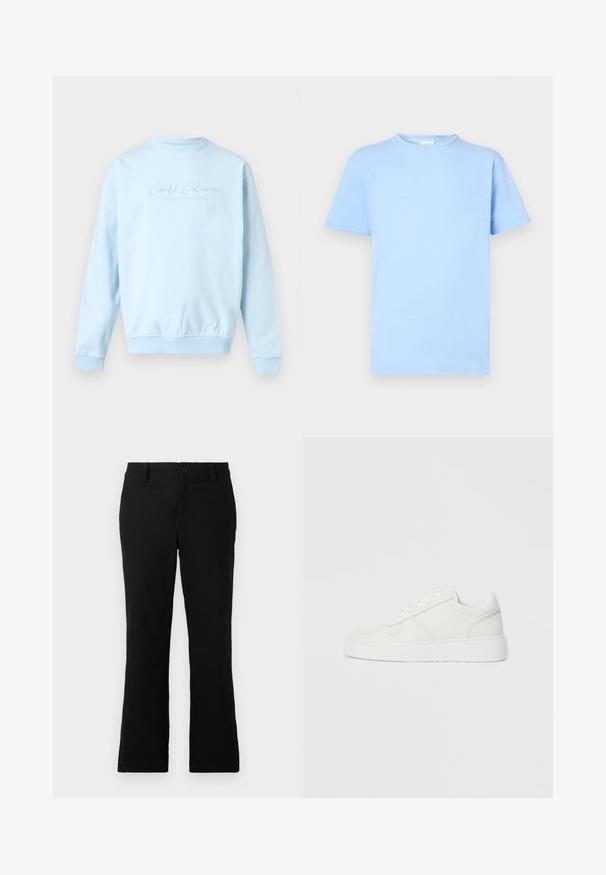 Sweat-shirt bleu clair à col rond, manches longues avec le texte "Carlo Colucci" subtilement brodé sur la poitrine.; T-shirt bleu clair à manches courtes fabriqué en tissu doux. Col rond, ourlet droit et texture minimale. Sans motifs ni accents.; Pantalons évasés noirs en tissu mélangé coton, dotés d'une fermeture à bouton, de passants de ceinture et d'une texture lisse sans motifs visibles.; Baskets blanches avec une tige lisse, des détails perforés et une semelle blanche épaisse. Présentent un laçage simple et une conception de bout arrondi.