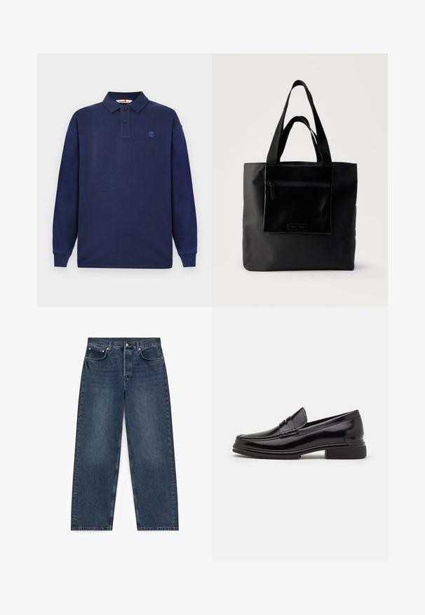 Mørkeblå langærmet polo shirt lavet af bomuld, med en tre-knaps placket og et lille logo på venstre bryst. Glat tekstur.; Mørkeblå straight-leg denimjeans med fem lommer og knaplukning, lagt fladt på en hvid baggrund.; Sorte læder loafers med en rund tå, der har en syet detalje over vristen og en lav blokhæl. Glat tekstur og blank finish.; Sort tote-taske med lynlåslomme foran og to håndtag, sat mod en ensfarvet lys baggrund.