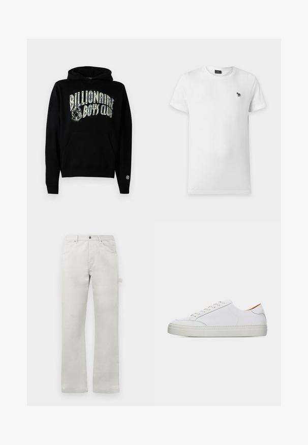 Schwarzer Kapuzenpullover mit dem Schriftzug "Billionaire Boys Club" in Weiß und Astronauten-Detail, Kängurutasche und gerippten Bündchen.; Ein schlichtes weißes T-Shirt mit kurzen Ärmeln und Rundhalsausschnitt mit einem kleinen schwarz-weiß gestreiften Zebra-Logo auf der linken Brust.; Helle graue Hose mit gerader Passform, aus glattem Baumwollstoff gefertigt, mit Eingrifftaschen vorne und einer seitlichen Cargo-Tasche.; Weißer Leder-Sneaker in niedriger Ausführung mit Schnürung vorne, dicker Sohle und minimalen Nahtdetails vor einem schlichten hellen Hintergrund.