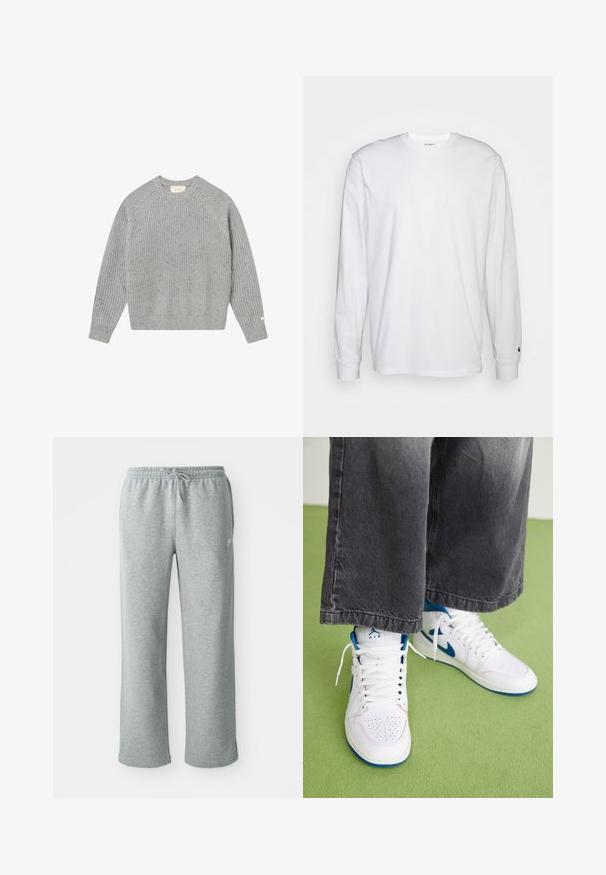 Pull en tricot gris avec une texture côtelée, des manches raglan et un col rond. Présente des speckles subtils et une petite étiquette sur la manche.; T-shirt blanc à manches longues en coton. Design à col rond avec des poignets côtelés et un petit logo sur la manche gauche. Texture lisse.; Pantalons de survêtement en coton gris avec une taille élastique, fermeture à cordon et jambes droites. Comprend un petit logo sur le côté supérieur gauche.; Baskets montantes blanches avec des accents bleus, boîtier perforé, et lacets blancs. Portées avec un pantalon en denim gris ample sur une surface verte.