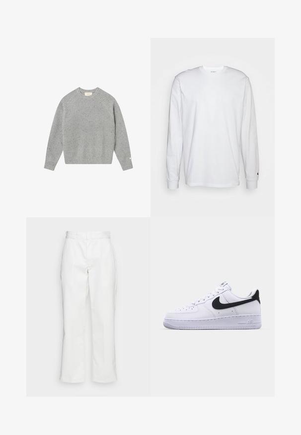 Pull en tricot gris avec une texture côtelée, des manches raglan et un col rond. Présente des speckles subtils et une petite étiquette sur la manche.; T-shirt blanc à manches longues en coton. Design à col rond avec des poignets côtelés et un petit logo sur la manche gauche. Texture lisse.; Pantalons en coton blanc avec une coupe droite, passants de ceinture et poches latérales, possédant une texture lisse et un design minimaliste.; Sneaker en cuir blanc avec un Swoosh noir texturé, des lacets plats et une semelle en caoutchouc avec un motif strié. "AIR" est embossé sur le talon.