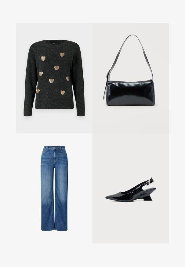 Pull en tricot gris foncé avec des motifs de cœurs en sequins dorés dispersés sur le devant. Encolure arrondie et manches longues.; Jeans en denim bleu à jambe large avec taille haute, présentant des zones décolorées, un design traditionnel à cinq poches et une fermeture à bouton à l'avant.; Chaussure slingback en cuir verni noir avec bout pointu et petit talon bloc incliné sur fond clair uni.; Sac d'épaule rectangulaire noir avec une sangle réglable unique et une fermeture éclair supérieure sur un fond uni.