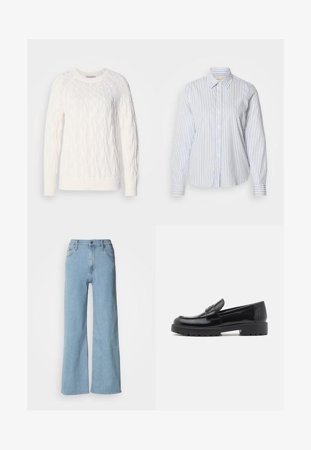 Pull en tricot blanc avec un motif en cables, col rond, manches longues et bords-côtes au niveau des poignets et de l'ourlet. La texture semble douce et texturée.; Chemise à rayures bleues et blanches avec col classique, manches longues et ourlet droit. Le tissu a une texture lisse.; Jeans en denim bleu clair à jambes larges, avec une taille cintrée, un design à cinq poches et des détails de couture subtils.; Mocassin en cuir verni noir avec un bout rond, des détails de couture légers et une semelle en caoutchouc épaisse et robuste. Il présente une sangle décorative en haut.