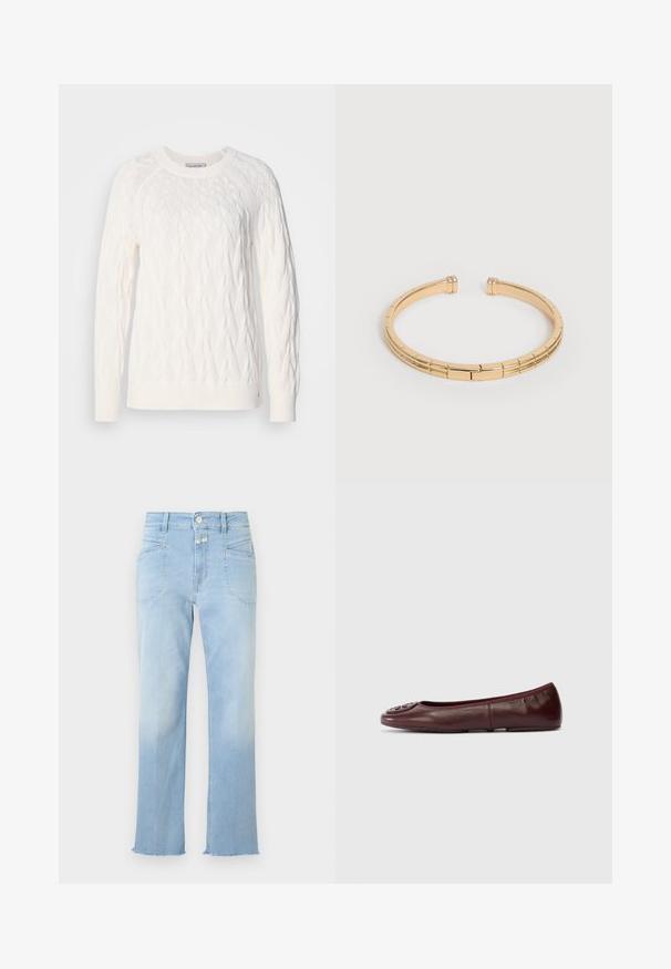 Pull en tricot blanc avec un motif en cables, col rond, manches longues et bords-côtes au niveau des poignets et de l'ourlet. La texture semble douce et texturée.; Jean en denim bleu clair taille haute, poches plaquées à l'avant, fermeture par bouton et zip, ourlet brut aux chevilles.; Ballerines en cuir bordeaux avec bout rond et accent en logo texturé sur le devant. Design sans couture et surface lisse. Semelle plate.; Bracelet jonc ouvert ton or avec des lignes gravées et de petites pierres claires incrustées à chaque extrémité, reposant sur un fond blanc.
