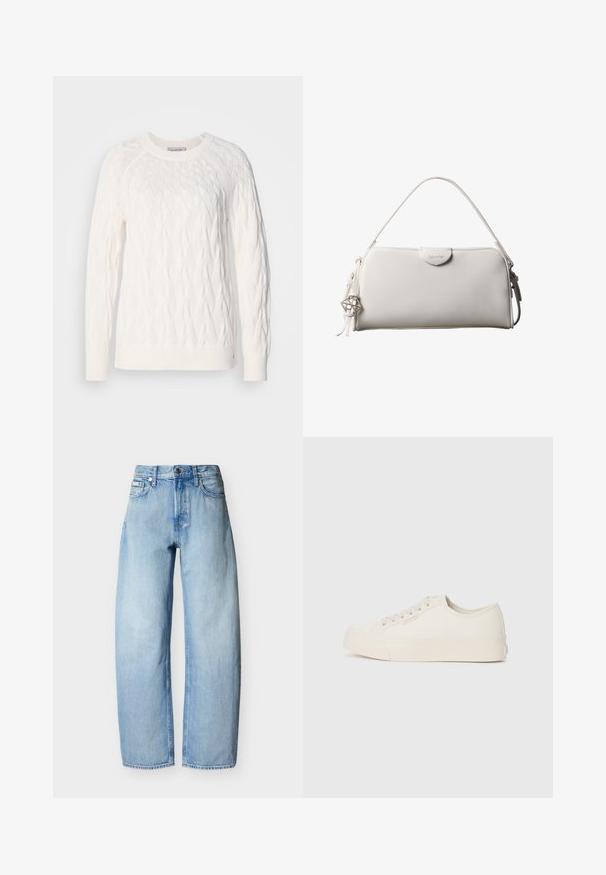 Pull en tricot blanc avec un motif en cables, col rond, manches longues et bords-côtes au niveau des poignets et de l'ourlet. La texture semble douce et texturée.; Jean en denim bleu clair à coupe droite avec cinq poches, passants pour ceinture et fermeture à bouton sur le devant.; Baskets en toile écrue, avec un design basse, bout rond et semelle en caoutchouc plate avec des détails de couture subtils.; Sac à main rectangulaire blanc Calvin Klein avec une seule poignée, design minimaliste et pampilles décoratives avec un charm métallique géométrique sur le côté.
