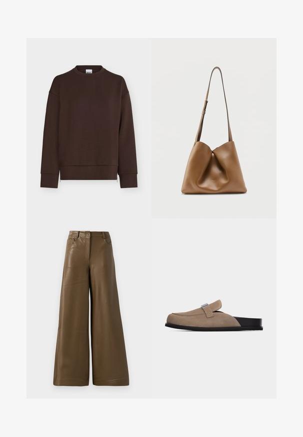 Sweat-shirt marron foncé à manches longues avec col rond, poignets et ourlet côtelés, présenté sur fond blanc.; Pantalons à jambes larges en simili cuir marron lisse. Présentent une taille haute, quatre poches et une fermeture éclair sur le devant. Texture plate et design minimaliste.; Mule en daim beige sans lacets avec semelle noire et détail de boucle argentée sur le dessus, posé sur un fond gris clair.; Sac à bandoulière en cuir marron avec sangle réglable, design souple et décontracté, et logo embossé discret sur le devant sur un fond uni.