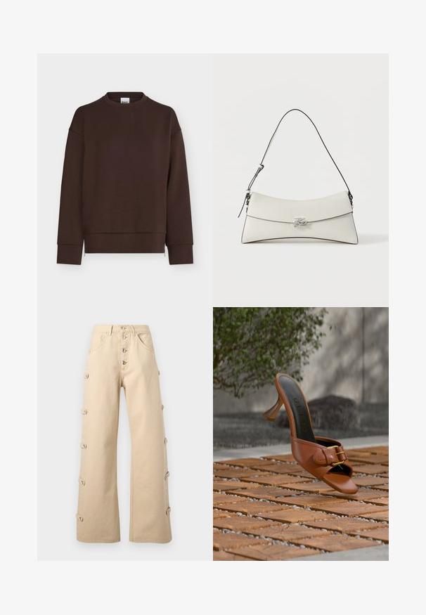 Sweat-shirt marron foncé à manches longues avec col rond, poignets et ourlet côtelés, présenté sur fond blanc.; Pantalon beige à jambes larges avec taille haute, fermeture à boutons sur le devant, brides latérales avec boutons, et poches avant incurvées.; Mule à talon haut en cuir marron avec détail boucle, marquée « Guess » sur la semelle intérieure, posée sur des carreaux en bois à motifs avec de la verdure et un mur en béton en arrière-plan.; Sac à bandoulière en cuir blanc avec rabat incurvé, bordure noire, sangle réglable et boucle décorative argentée sur fond uni.