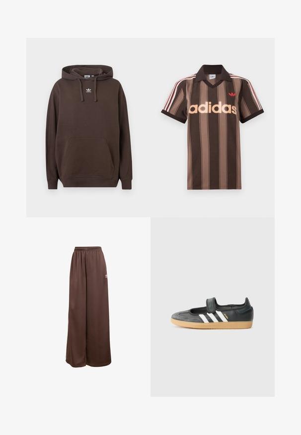 Brun hoodie lavet af blødt stof med kængurulomme, snøre i hætten og hvidt Adidas-logo på brystet. Regular fit design.; Brunstribet Adidas polo-shirt med V-hals, bordeaux krave og rødt logo. Har hvide og røde skulderstriber samt korte ærmer.; adidas Originals Træningsbukser - auburn cream white; Sort læder- og ruskinds sneakers med en Velcro-rem, der har tre hvide striber og en gummisål, mærket "SAMBA" på siden.
