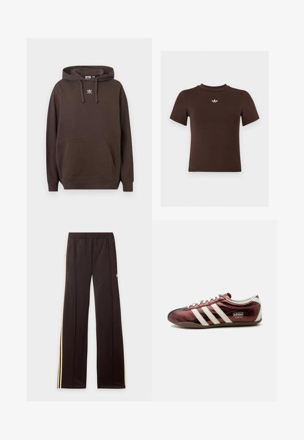 Brun hoodie lavet af blødt stof med kængurulomme, snøre i hætten og hvidt Adidas-logo på brystet. Regular fit design.; Brun tætsiddende t-shirt med korte ærmer og et lille hvidt Adidas-logo centreret under halsudskæringen.; Sorte træningsbukser med gule sidelister, elastisk taljebånd, lynlåslommer i siderne og en lille logo på den øvre lår.; Lavprofileret metallisk burgundy Adidas sneaker med hvide striber, snørebånd og "Adidas Tokyo" mærkning på siden.