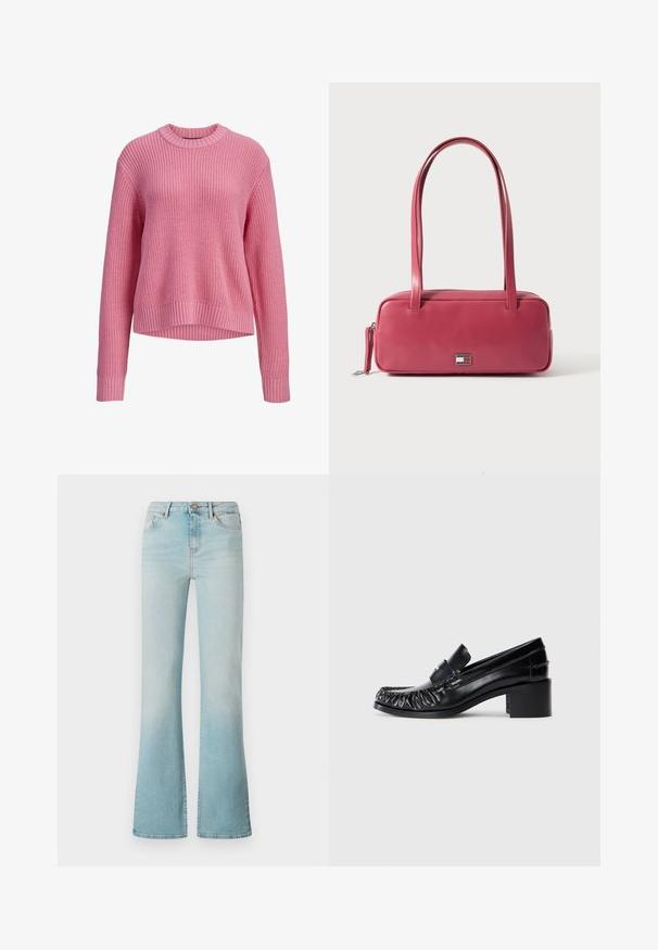 Pull en maille rose à manches longues avec col rond, poignets et ourlet côtelés, présentant un dos légèrement plus long.; Jean en denim bleu clair taille haute avec jambe évasée, bouton frontal et poches avant et arrière, présenté sur un fond blanc.; Mocassins en cuir noir avec un devant froncé, bout rond et un talon carré. Présentent une bande décorative et des détails de couture le long des bords.; Sac à main en cuir rose de forme rectangulaire, avec deux anses et un petit emblème en métal sur le devant, présentant une texture lisse et brillante.
