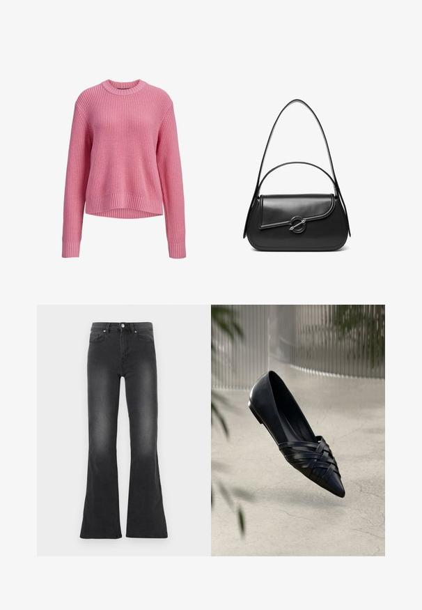 Pink strikket langærmet sweater med rund hals, ribstrikkede manchetter og kant, med en lidt længere ryg.; Sorte jeans med vidde, lavet af denim med en falmet finish, med knaplukning, fem-lomme-design og høj talje.; Sorte læder balletflade med vævet stropdesign, spids tå og glansfuld finish. Letvægts med en lav hæl, sat op imod en neutral baggrund.; Sort skuldertaske i læder med en buet klap, der er fastgjort med en rund metal spænde, og en slank, justerbar rem.