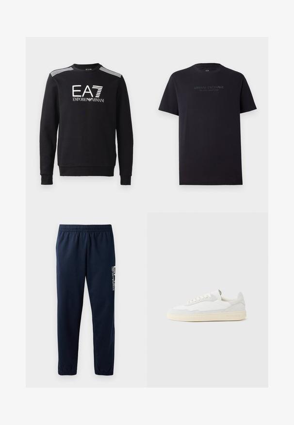 Sweatshirt noir en coton, avec un col rond, des manches longues, un logo EA7 blanc et des rayures sur les épaules.; T-shirt en coton noir à manches courtes, col rond et légèrement ample. Présente le texte "ARMANI EXCHANGE MILANO / NEW YORK" en gris foncé.; Pantalons de survêtement bleu marine avec une taille élastique, des jambes fuselées et un logo blanc sur le côté. Tissu lisse avec une texture légère.; Baskets blanches avec dessus en daim et cuir texturé. Caractérisées par un bout arrondi, une fermeture à lacets et une semelle en caoutchouc beige contrastante.