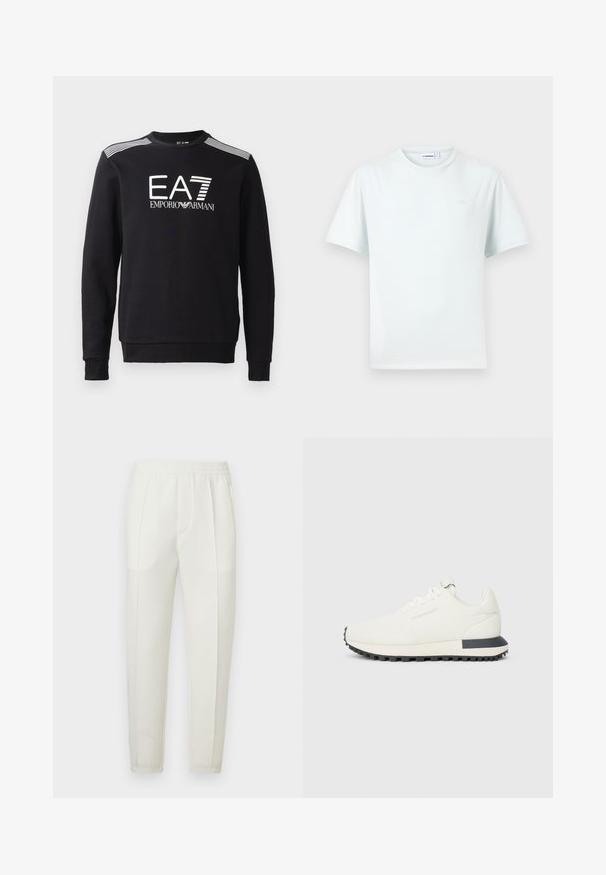 Must värvi puuvillane sweatshirt, millel on ümar kaelus, pikad varrukad, valge EA7 logo ja triibud õlgadel.; Lihtne valge lühikeste varrukatega ümara kaelusega t-särk, millel on rinnal diskreetne logo ja krae sees nähtav brändisilt.; Valged kitsad püksid elastse vöökohaga, millel on kaks küljetaskut ja siledapindne, veidi läikiv tekstuur.; Valged sportlikud kingad sujuva pealmise osaga, mustade aktsentidega kandadel ja tekstuuriga musta kummitaldaga. Paeltu disain, minimalistlik stiil.