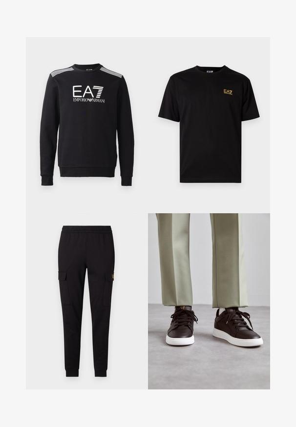Sort sweatshirt lavet af bomuld med rund halsudskæring, lange ærmer, hvid EA7-logo og striber på skuldrene.; Sort bomulds t-shirt med korte ærmer, der har et lille gult broderet logo på venstre brystområde. Klassisk crew neck design.; Sorte sweatpants lavet af blødt materiale, med en tapered ben-design og to sidelommer med cargo-stil samt et subtilt logo på den ene lomme.; Brune lædersneakers med perforerede detaljer, flad hvid gummisål og sorte snørebånd, sat sammen med lysegrønne tapered bukser.