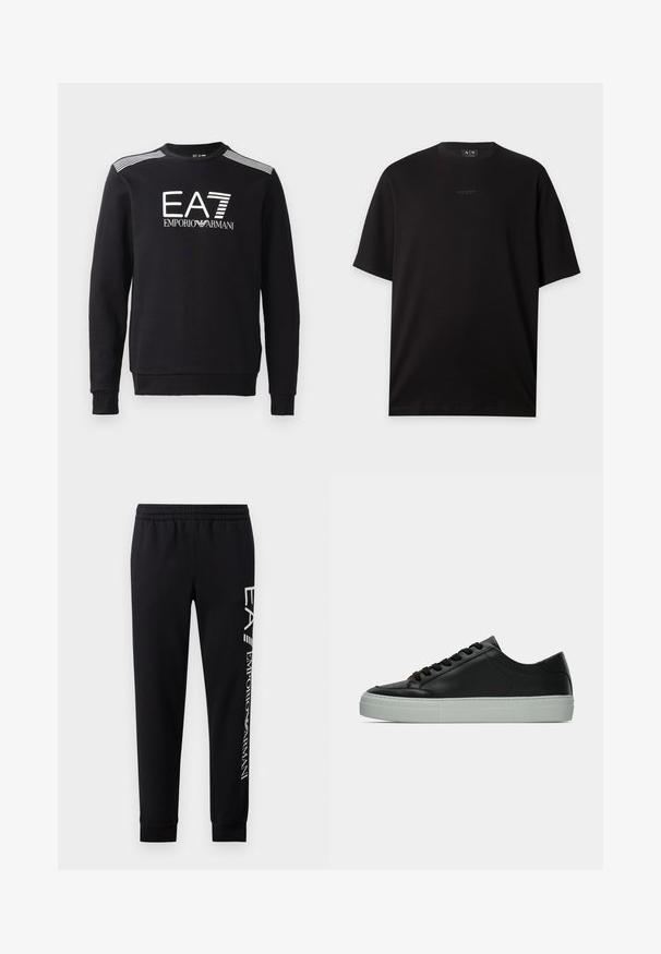 Must värvi puuvillane sweatshirt, millel on ümar kaelus, pikad varrukad, valge EA7 logo ja triibud õlgadel.; Mustast lühikeste varrukatega ümara kaelusega T-särk, millel on rinnal väike tsentreeritud Armani Exchange'i logo.; Mustadest puuvillasegustest dressipükstest, millel on elastne vöökoht, kitsenevad säärte ning ribatsoonidega mansetid ja valge logo trükk külgmisel osal.; Mustast nahast toss, millel on sile viimistlus, lai varbalaegas ja helehall kummist tallamaterjal. Disaini täiendavad paelad ja minimalistlikud detailid.