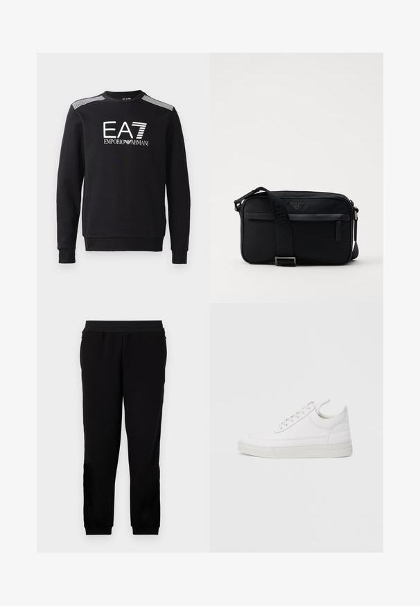 Sweatshirt noir en coton, avec un col rond, des manches longues, un logo EA7 blanc et des rayures sur les épaules.; Pantalons de sport noirs en tissu doux, avec une taille élastique, des poignets ajustés et des poches latérales pour plus de praticité.; Baskets en cuir blanc avec un embout arrondi, une semelle plate et un laçage à l'avant. Présentent des détails de couture et un col rembourré pour plus de confort.; Sac à bandoulière en nylon noir avec une sangle contrastante, une forme rectangulaire élégante, un détail de logo et une poche zippée à l'avant.